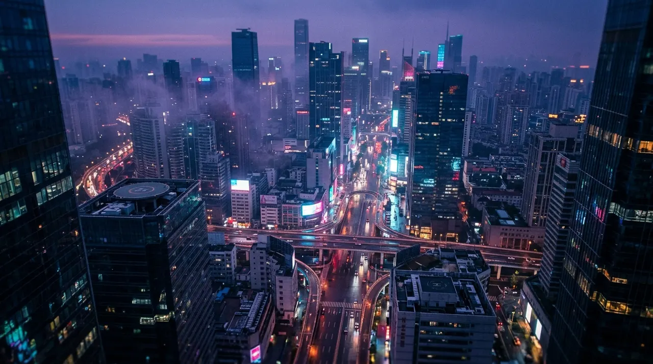 Neon-lit city at dusk
